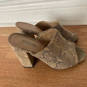 Size 6.5-7 faux snakeskin mules with heel